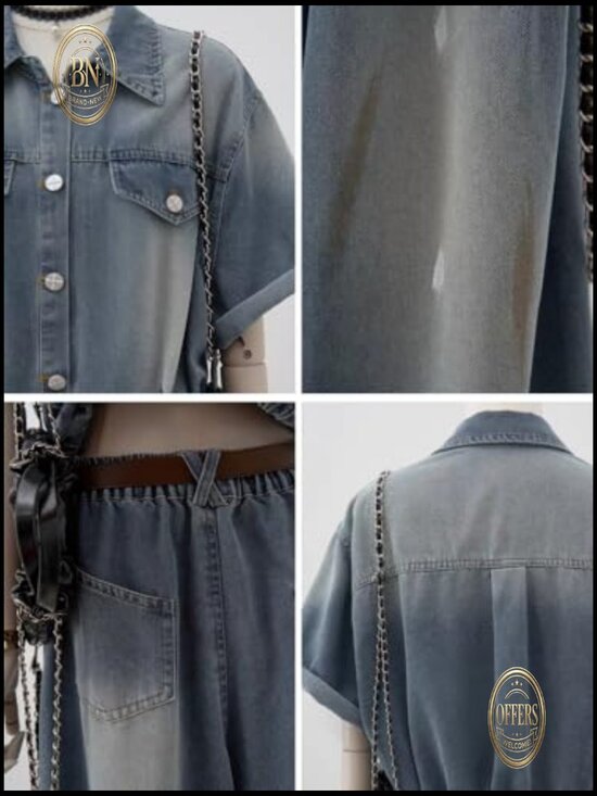 Denim Jumpsuit Short Sleeve Button Down Wide Leg Palazzo Pants Romper - Picture 3 of 7